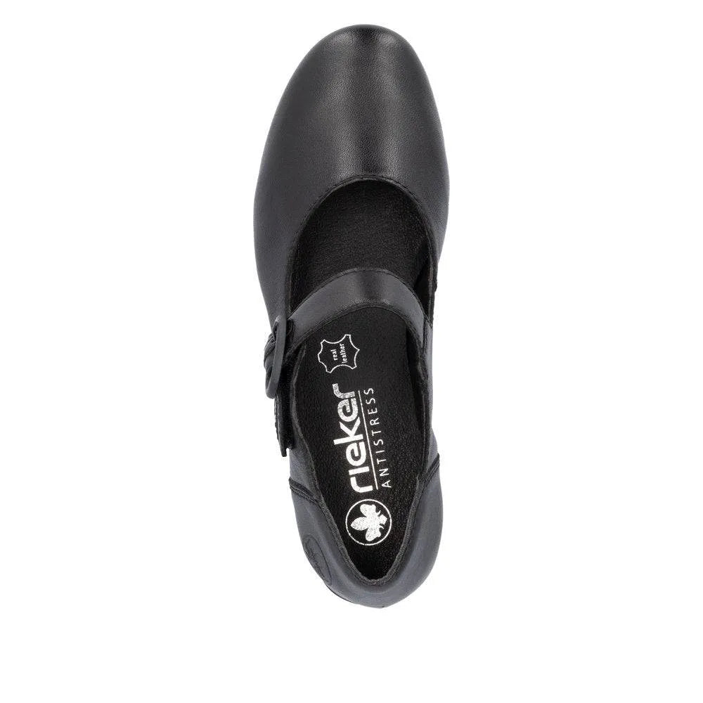Rieker 41756-00 Ladies Black Leather Buckle Heels-elevate your sole
