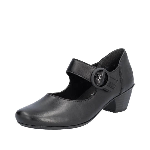 Rieker 41756-00 Ladies Black Leather Buckle Heels-elevate your sole