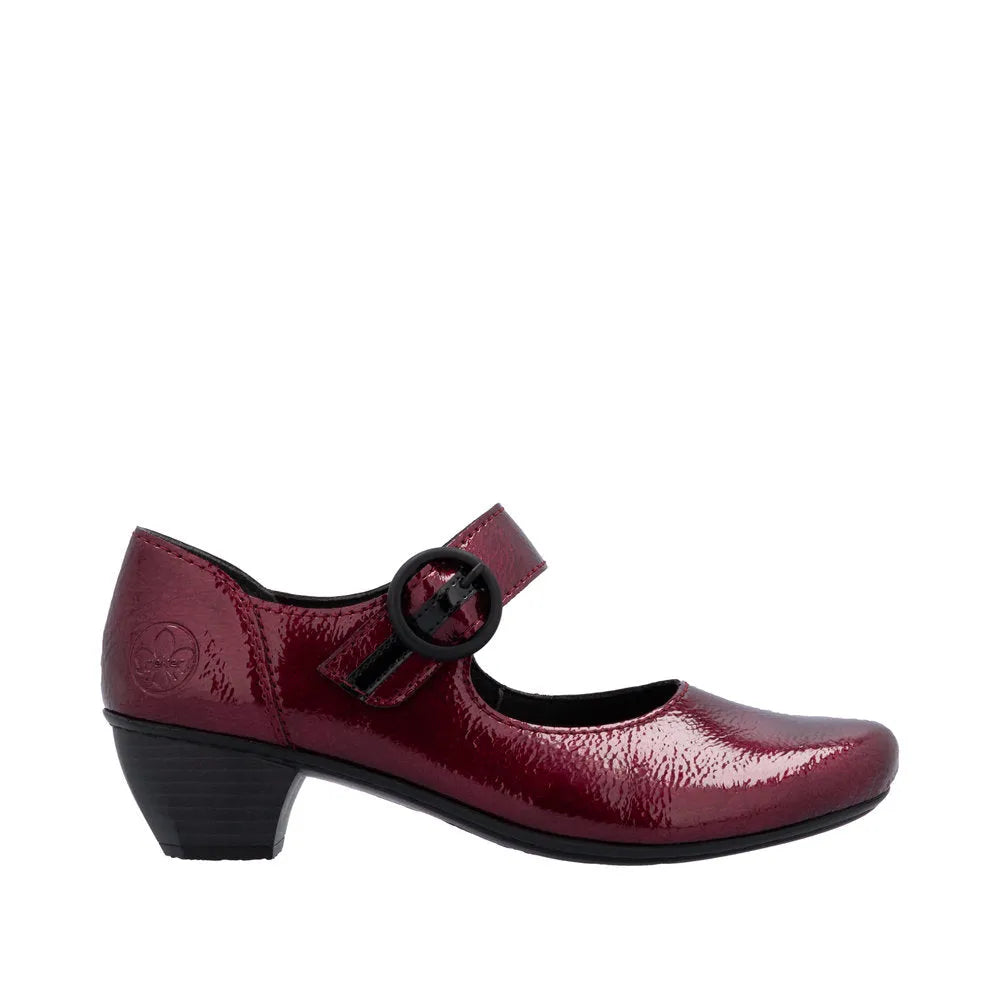 Rieker 41756-33 women's red leather touch fastening heels with low block heel and decorative buckle strap.