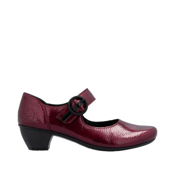 Rieker 41756-33 women's red leather touch fastening heels with low block heel and decorative buckle strap.