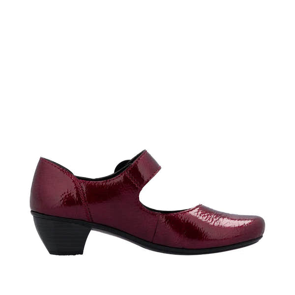 Rieker 41756-33 women's red patent leather touch fastening heels with low chunky heel and strap ankle closure.