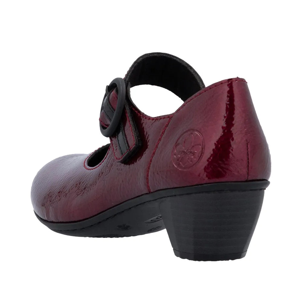 Rieker 41756-33 women's red touch fastening heels with block heel and closed toe.
