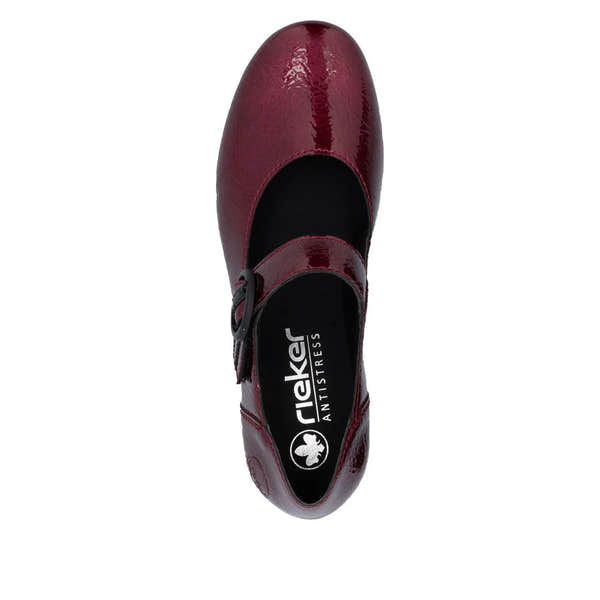Rieker 41756-33 women's red patent leather touch-fastening heels with a rounded toe and block heel.
