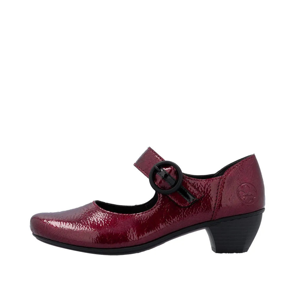 Rieker 41756-33 women's red touch fastening heel shoe with a chunky heel and adjustable strap, stylish and comfortable for everyday wear.