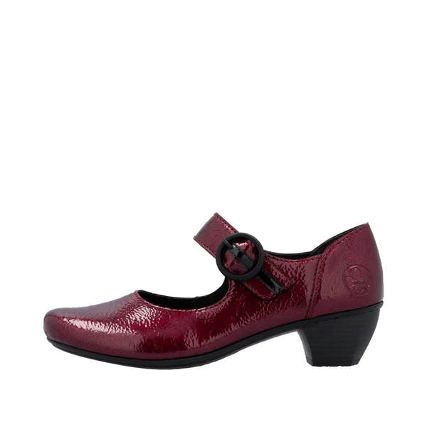 Rieker 41756-33 women's red touch fastening heel shoe with a chunky heel and adjustable strap, stylish and comfortable for everyday wear.