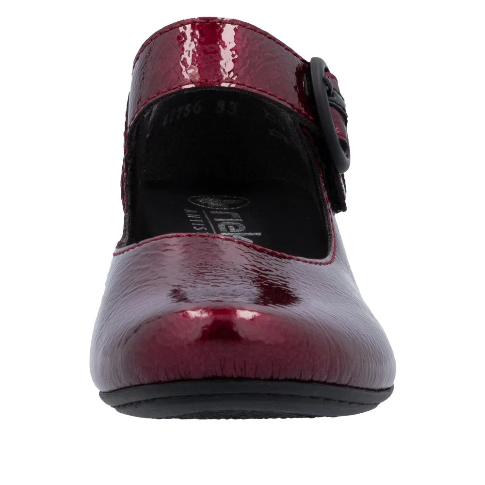 Rieker 41756-33 women's red touch fastening heels, shiny patent, low heel, slip-on style with buckle detail.