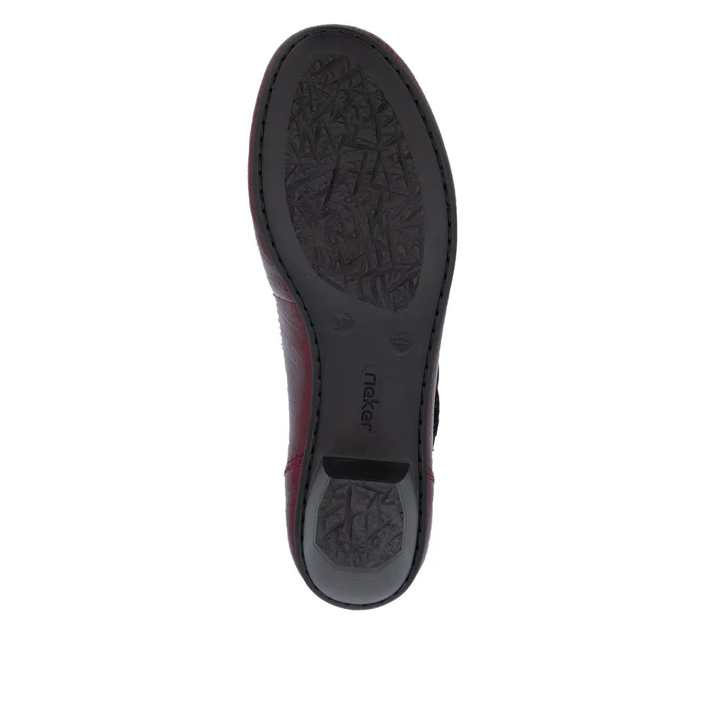 Rieker 41756-33 women's red touch fastening heels with textured sole and low heel, stylish and comfortable footwear.