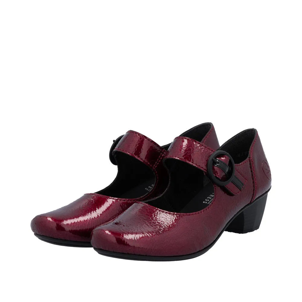 Rieker 41756-33 women's red patent leather touch fastening block heel shoes with ankle strap.