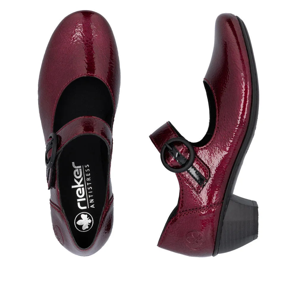 Rieker 41756-33 women's red patent leather touch fastening heels with chunky block heel and round toe.