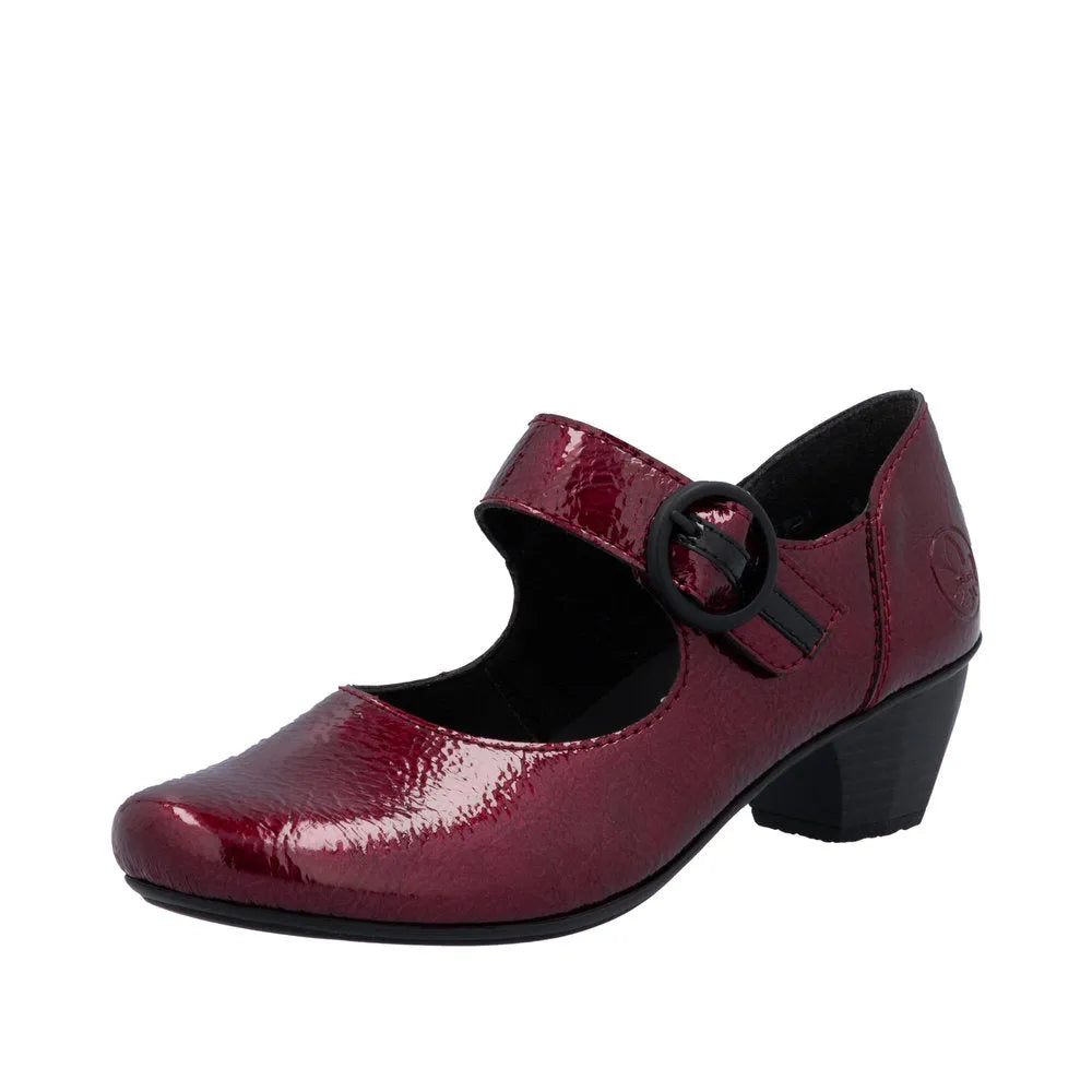 Rieker 41756-33 women's red patent touch fastening heels with a low block heel and rounded toe.