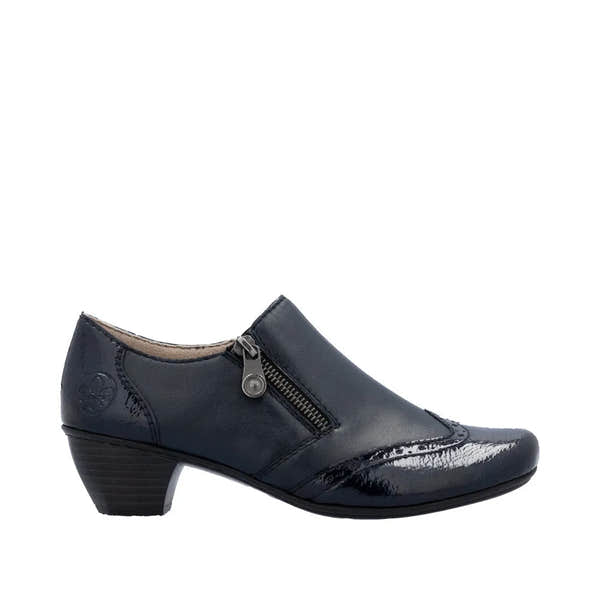 Rieker 41757-15 women's navy blue leather slip-on ankle boot with side zipper and low block heel.