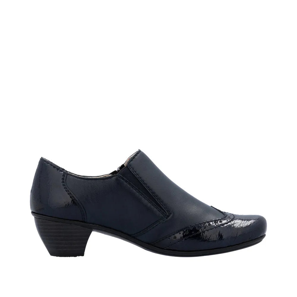 Rieker 41757-15 women's blue leather side zip shoe boots with low heel and decorative brogue detailing.