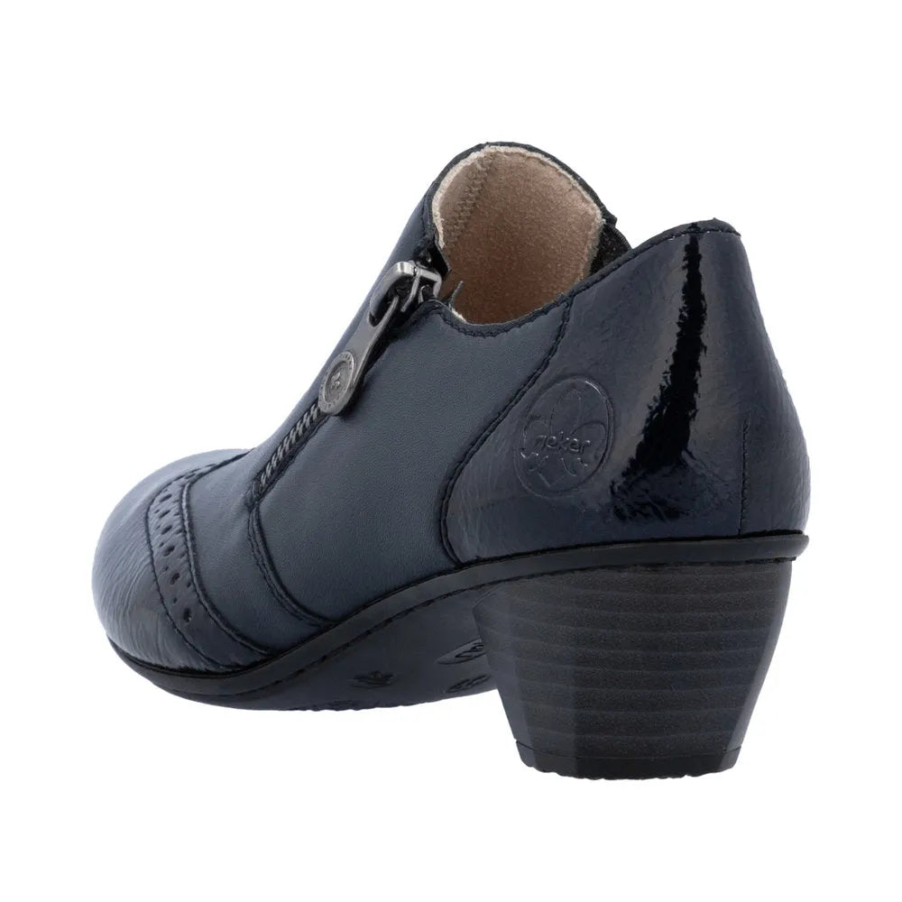 Rieker 41757-15 women's blue leather side zip ankle bootie with chunky heel and decorative stitching.
