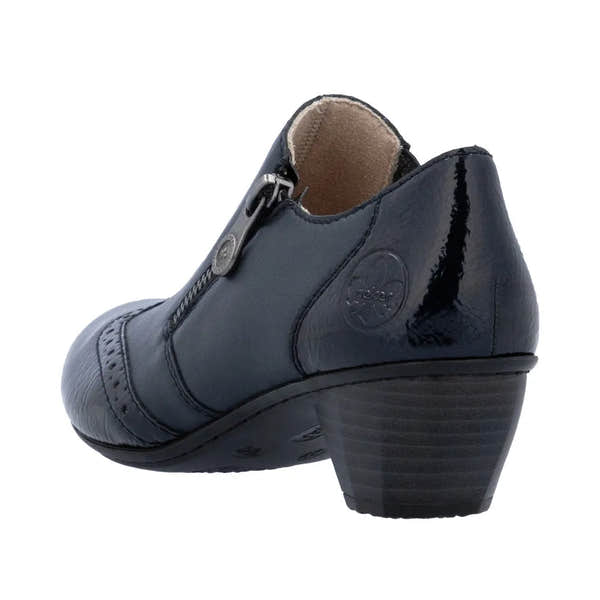 Rieker 41757-15 women's blue leather side zip ankle bootie with chunky heel and decorative stitching.