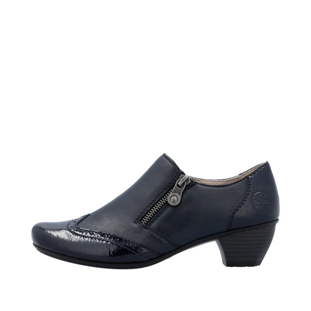 Rieker 41757-15 women's navy leather ankle boot with side zipper and low chunky heel.