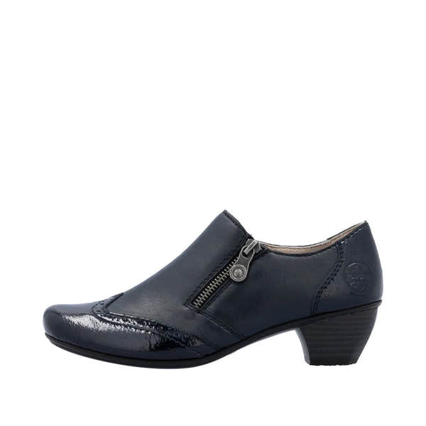 Rieker 41757-15 women's navy leather ankle boot with side zipper and low chunky heel.