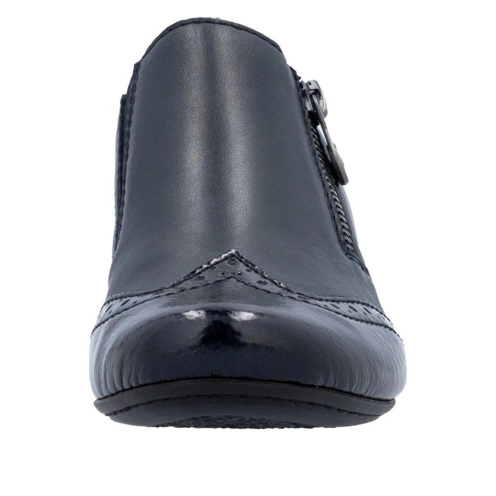 Rieker 41757-15 women's blue leather side zip ankle boot, stylish and comfortable women's shoe with a sleek design.