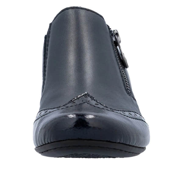 Rieker 41757-15 women's blue leather side zip ankle boot, stylish and comfortable women's shoe with a sleek design.