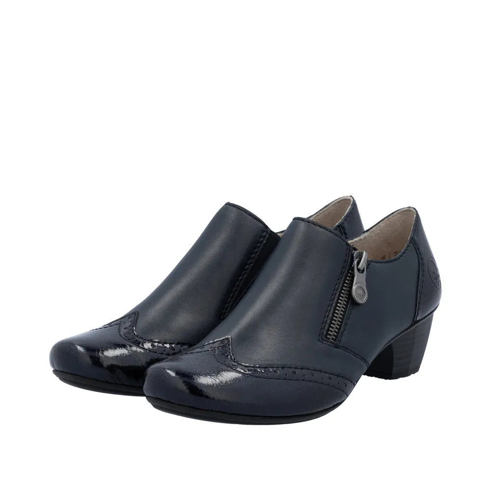 Rieker 41757-15 women's blue leather ankle boots with side zipper, pointed toe, and block heel.