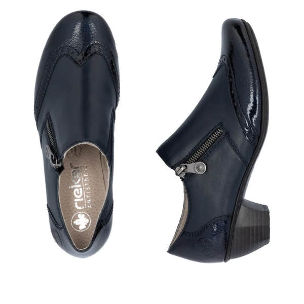 Rieker 41757-15 women's blue leather ankle boots with side zipper, low chunky heel, and brogue detailing.
