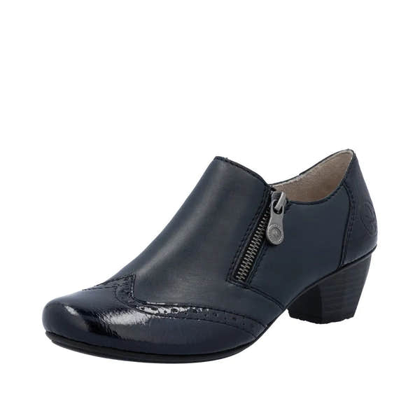 Rieker 41757-15 women's blue leather ankle boot with side zipper, 2-inch heel, and classic brogue detailing.