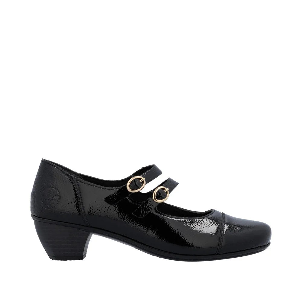 Rieker 41758-00 Ladies Black Patent Leather Buckle Heels with Block Heel and Double Strap Buckles