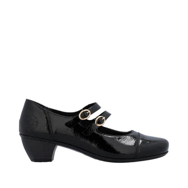 Rieker 41758-00 Ladies Black Patent Leather Buckle Heels with Block Heel and Double Strap Buckles