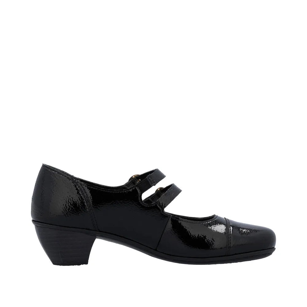 Rieker 41758-00 women's black patent leather buckle heels with a low block heel and double strap design.