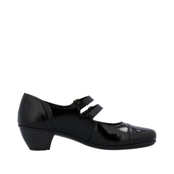 Rieker 41758-00 women's black patent leather buckle heels with a low block heel and double strap design.