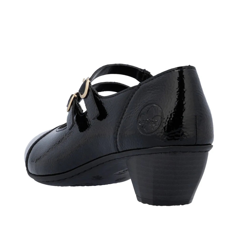 Rieker 41758-00 women's black patent leather buckle heel shoes with mid-height chunky heel and ankle strap.