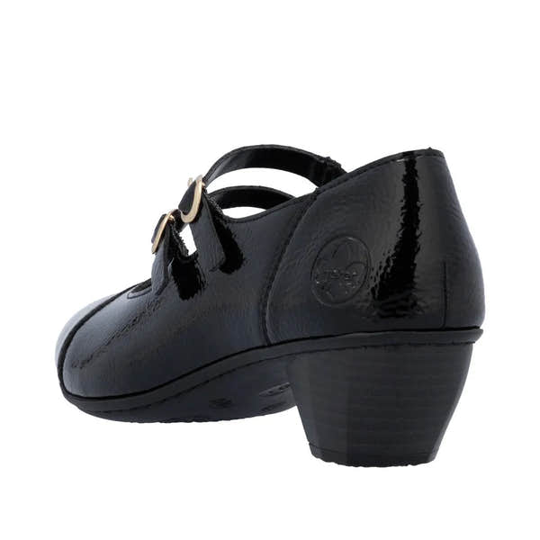 Rieker 41758-00 women's black patent leather buckle heel shoes with mid-height chunky heel and ankle strap.