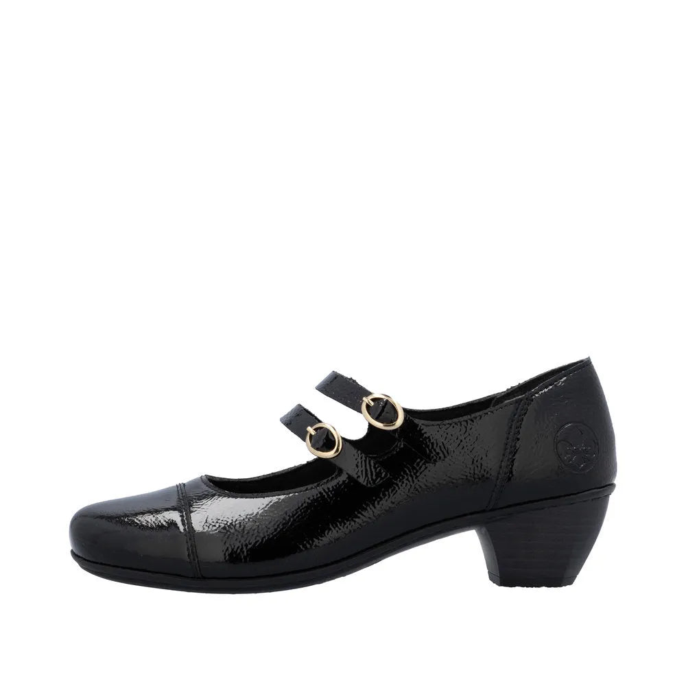 Rieker 41758-00 black patent leather women's buckle heels with low block heel and double ankle straps.