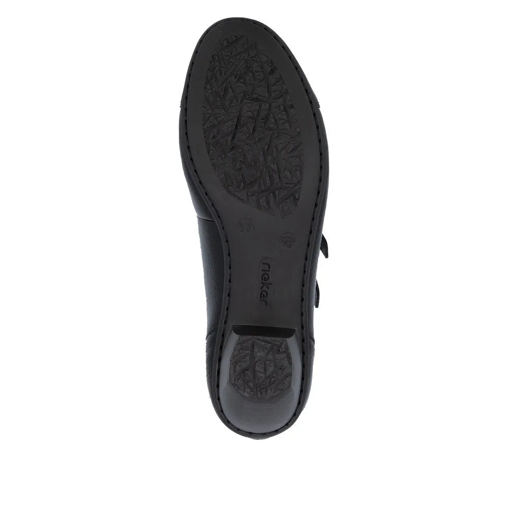 Rieker 41758-00 Ladies Black Patent Leather Buckle Heels with adjustable straps and textured sole.