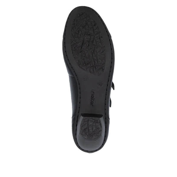 Rieker 41758-00 Ladies Black Patent Leather Buckle Heels with adjustable straps and textured sole.
