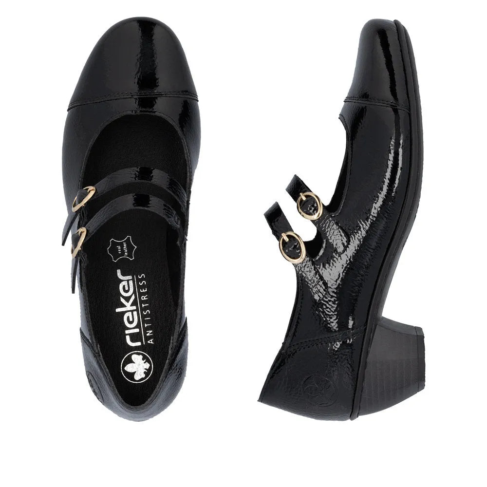 Rieker 41758-00 women's black patent leather buckle heel shoes with chunky heels and double buckle straps.