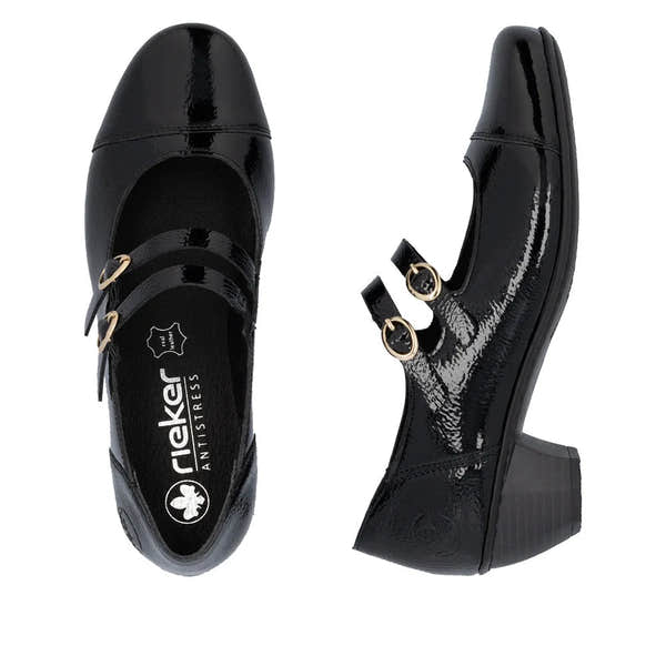Rieker 41758-00 women's black patent leather buckle heel shoes with chunky heels and double buckle straps.