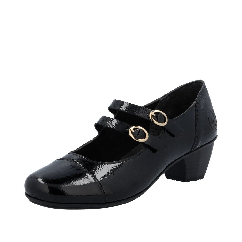 Rieker 41758-00 Ladies Black Patent Leather Heeled Shoes with Double Buckle Straps