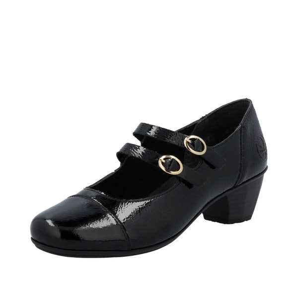 Rieker 41758-00 Ladies Black Patent Leather Heeled Shoes with Double Buckle Straps
