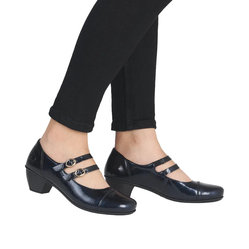 Rieker 41758-14 women's blue patent leather buckle heeled shoes with strappy design and low block heel.