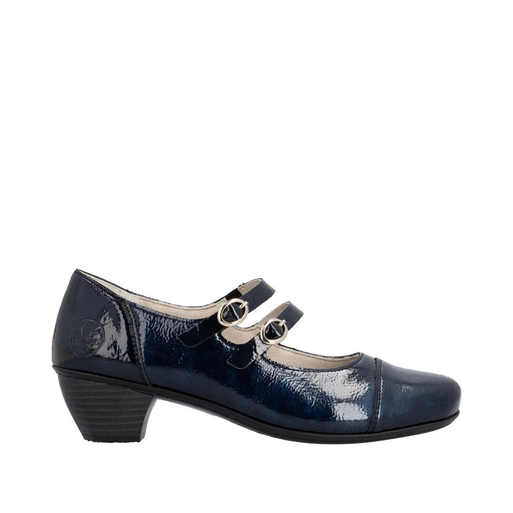 Rieker 41758-14 women's blue patent leather buckle heels with a low block heel and double strap design.