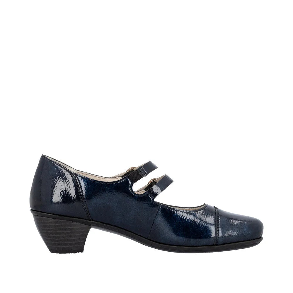 Rieker 41758-14 women's blue patent leather buckle heels with low block heel and double strap design.