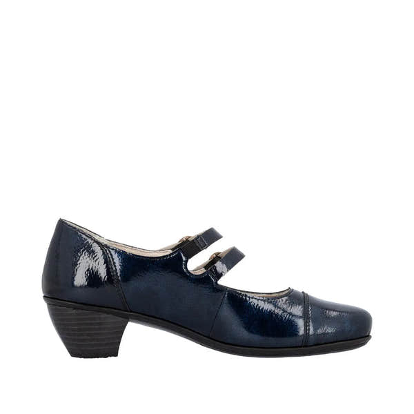 Rieker 41758-14 women's blue patent leather buckle heels with low block heel and double strap design.