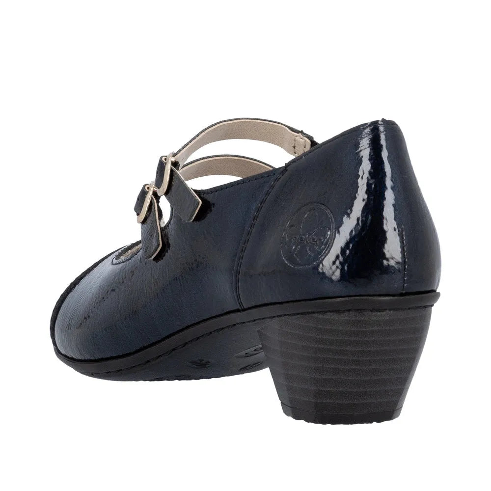 Rieker 41758-14 women's blue patent leather buckle heel shoes with ankle straps and chunky heel.