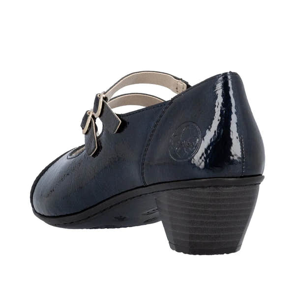 Rieker 41758-14 women's blue patent leather buckle heel shoes with ankle straps and chunky heel.