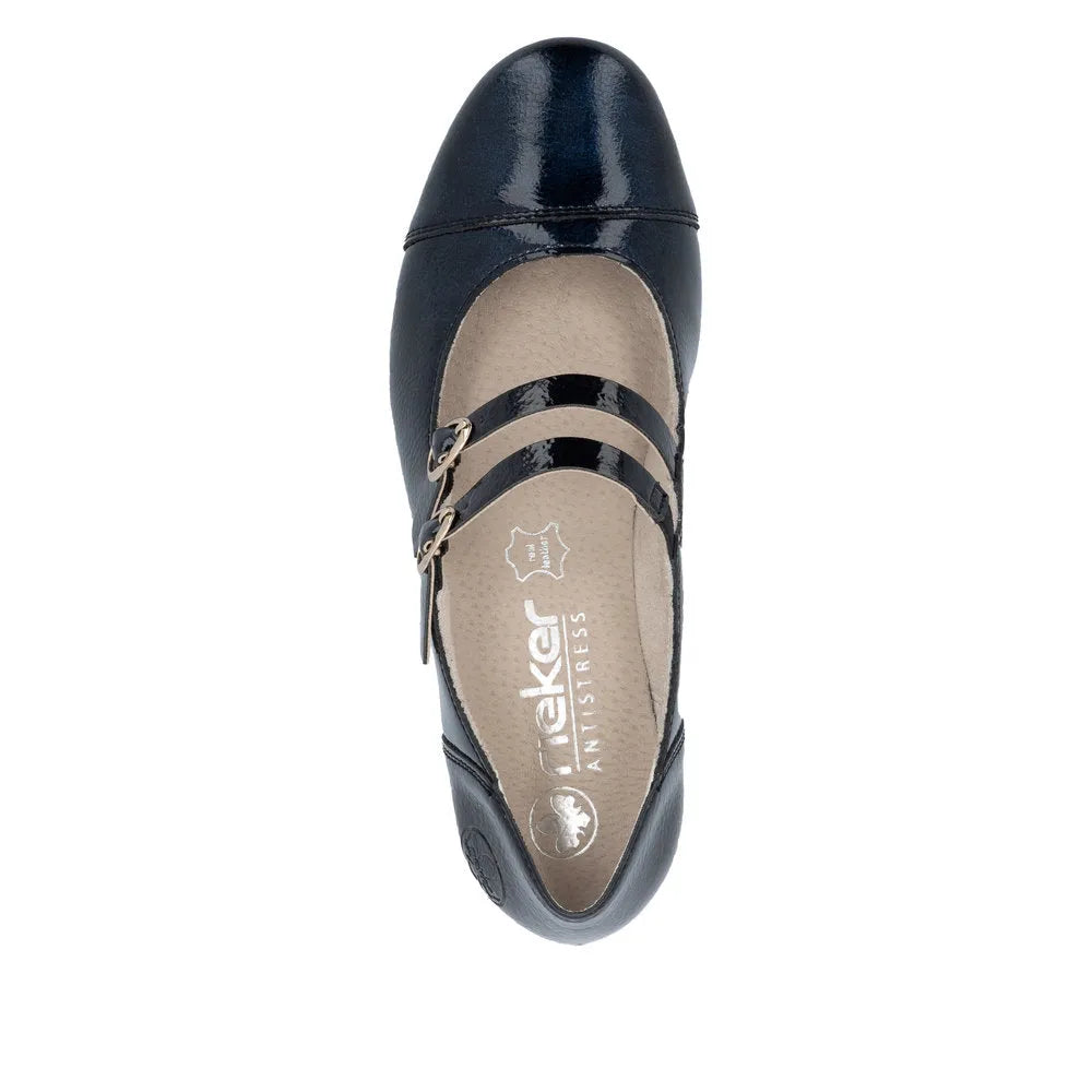 Rieker 41758-14 ladies blue patent leather buckle heels with beige insole and ankle straps.