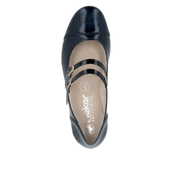 Rieker 41758-14 ladies blue patent leather buckle heels with beige insole and ankle straps.