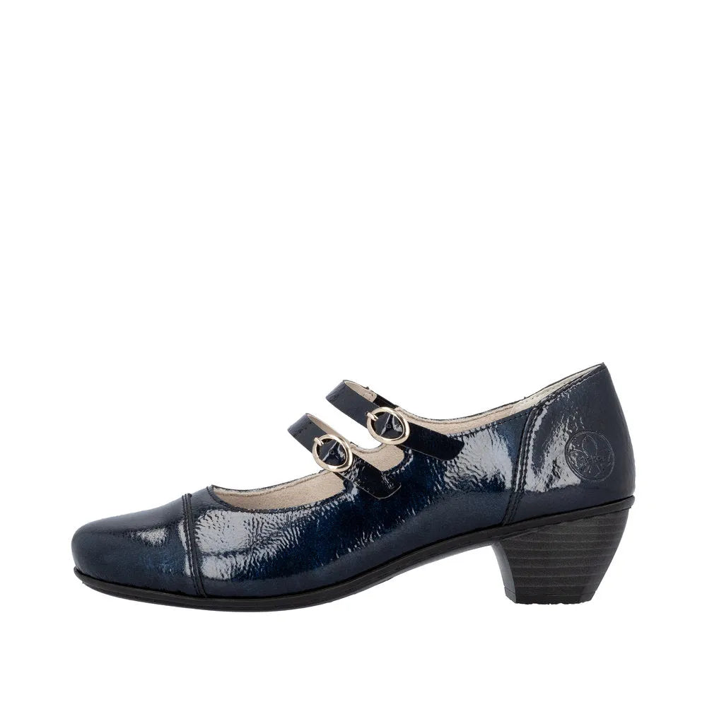 Rieker 41758-14 women's navy patent leather buckle heeled shoes with low block heel and double strap detail.