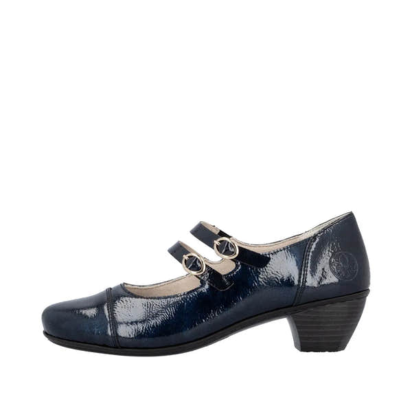 Rieker 41758-14 women's navy patent leather buckle heeled shoes with low block heel and double strap detail.