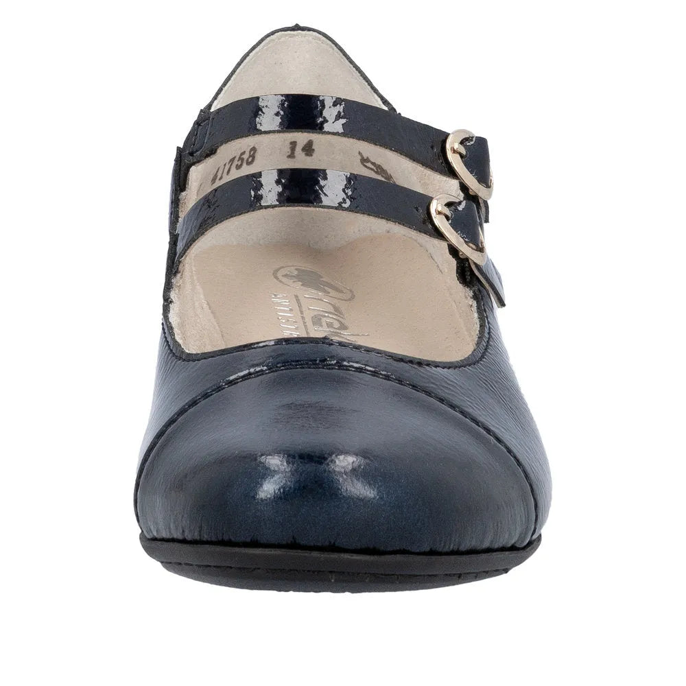 Rieker 41758-14 women's blue patent leather buckle heels, pointed toe, stylish dress shoe with dual buckle straps.