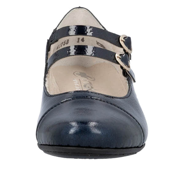 Rieker 41758-14 women's blue patent leather buckle heels, pointed toe, stylish dress shoe with dual buckle straps.